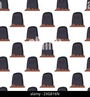 Seamless Pattern with R.I.P gravestone. Halloween tombstone background. Grave headstone, graveyard wallpaper. Creepy Memorial for death. Flat vector Stock Vector