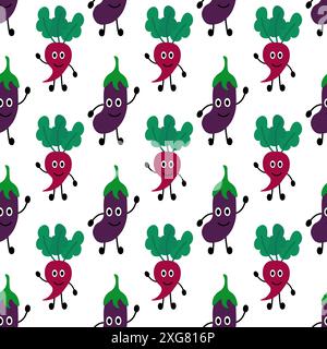 Friendly Beetroot and eggplant Seamless Pattern. Summer vegetable background. Vegan raw. Vegetarian food. Farm market product. Vector flat Stock Vector