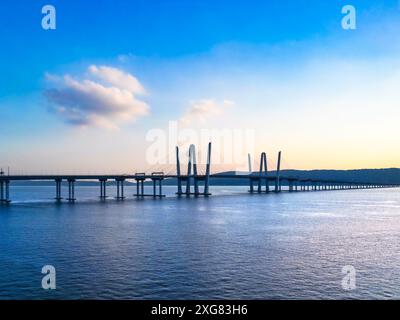 Mario Cuomo Bridge, formerly known as the Tappan Zee Bridge in Westchester County New York State seen at sunset over the Hudson River. Stock Photo