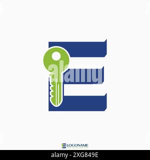 Logo design graphic concept creative abstract premium vector stock initial 3D E font with house door key. Related to monogram typography home property Stock Vector