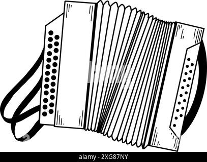 Russian folk instrument. An accordion with buttons and a belt, drawn in vector in black on a white background. Suitable for printing on posters. Stock Vector