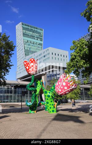 The Tulips of Shangri-La, standing 7 metres high on Place Francois Mitterand. created by Japanese artist Yayoi Kusama & a symbol of the city of Lille. Stock Photo