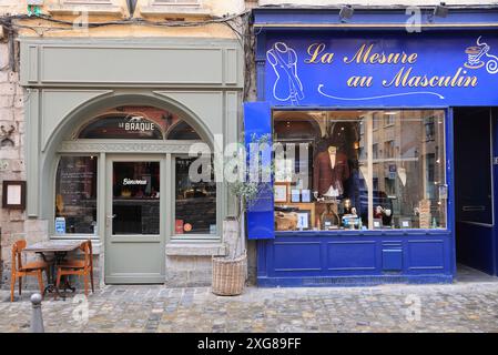 Art galleries, cafes and boutiques in Lille's old town on Rue de La Monnaie, northern France. Stock Photo