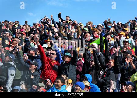 Silverstone, UK. 07th July, 2024. Circuit atmosphere - fans in the grandstand. Formula 1 World Championship, Rd 12, British Grand Prix, Sunday 7th July 2024. Silverstone, England. Credit: James Moy/Alamy Live News Stock Photo