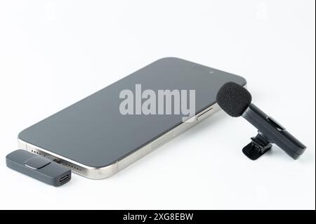 Small mobile microphone wireless system connection close up view Stock Photo