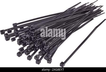 self locking black cable ties isolated over white Stock Photo