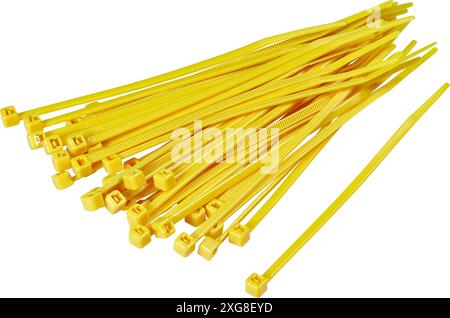self locking yellow cable ties isolated over white Stock Photo