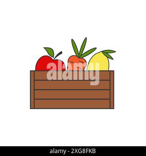 Ripe fruits and vegetables in a wooden crate. Harvest icon. Apple, carrot and lemon in a wooden box. Line vector. Isolated illustration on white blank Stock Vector