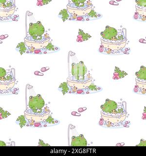 Seamless pattern with bathing cute frogs. Funny cartoon animal character bathes in bubble bath with rubber ducks and on white background. Vector Stock Vector