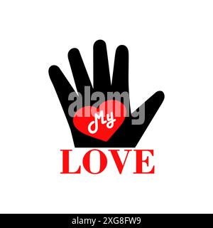 Hand palm with red heart symbol. My love. Black and red vector logo and symbol. Clipart on a white blank background. Stock Vector
