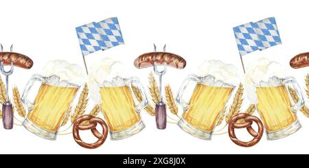 Beer mugs with foam, pretzels, barley, sausages and blue-and-white Bavarian flags banner clipart. Watercolor seamless border for creating Oktoberfest-themed invitations, menus, festive event banners. Stock Photo