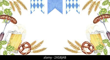 Frothy beer mugs, hops, barley, sausages, pretzels, and Bavarian flags, creating a festive banner. Watercolor clipart Ideal for Oktoberfest advertising, beer festival flyers, and party invitations Stock Photo