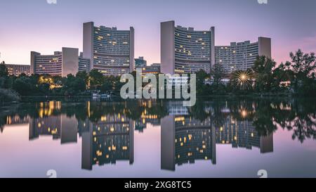 Internationales Zentrum Wien (Vienna International Centre, VIC) - UNO City Vienna, Austria at dusk, blue hour. Stock Photo