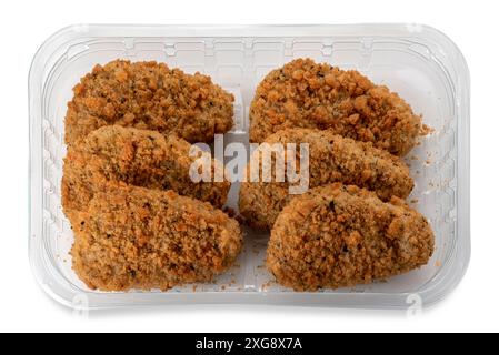 Breaded cod slices in clear plastic tray for supermarket sale, top view isolated on white with clipping path included Stock Photo