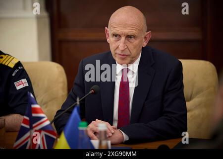 Odesa, Ukraine. 07th July, 2024. British Defense Secretary John Healey, listens to Ukrainian President Volodymyr Zelenskyy, during bilateral discussions, July 7, 2024 in Odesa, Ukraine. Healey pledged fresh support for Ukraine from the new Labour government in the United Kingdom. Credit: Ukraine Presidency/Ukrainian Presidential Press Office/Alamy Live News Stock Photo