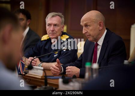 Odesa, Ukraine. 07th July, 2024. British Defense Secretary John Healey, right, and Admiral Sir Tony Radakin, Chief of the Defence Staff, left, during bilateral discussions with Ukrainian President Volodymyr Zelenskyy, July 7, 2024 in Odesa, Ukraine. Healey pledged fresh support for Ukraine from the new Labour government in the United Kingdom. Credit: Ukraine Presidency/Ukrainian Presidential Press Office/Alamy Live News Stock Photo
