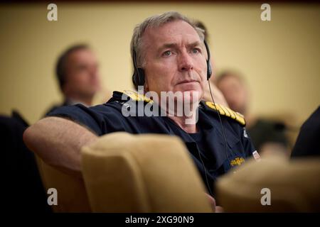 Odesa, Ukraine. 07th July, 2024. Royal Navy Admiral Sir Tony Radakin, Chief of the Defence Staff, listens during a bilateral meeting with Ukrainian President Volodymyr Zelenskyy, British Defense Secretary John Healey and delegations, July 7, 2024 in Odesa, Ukraine. Healey pledged fresh support for Ukraine from the new Labour government in the United Kingdom. Credit: Ukraine Presidency/Ukrainian Presidential Press Office/Alamy Live News Stock Photo