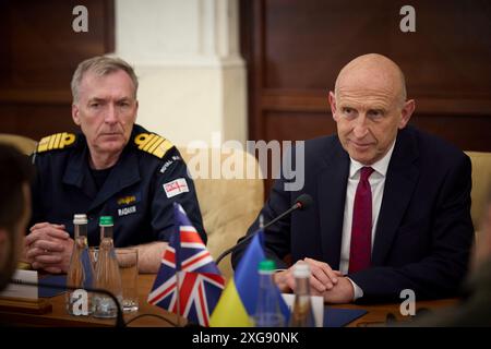 Odesa, Ukraine. 07th July, 2024. British Defense Secretary John Healey, right, and Admiral Sir Tony Radakin, Chief of the Defence Staff, left, during bilateral discussions with Ukrainian President Volodymyr Zelenskyy, July 7, 2024 in Odesa, Ukraine. Healey pledged fresh support for Ukraine from the new Labour government in the United Kingdom. Credit: Ukraine Presidency/Ukrainian Presidential Press Office/Alamy Live News Stock Photo