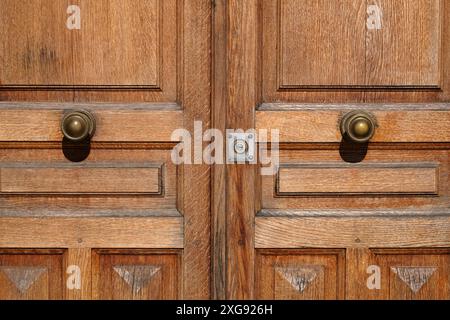 Closed wooden door with two metal handles Stock Photo