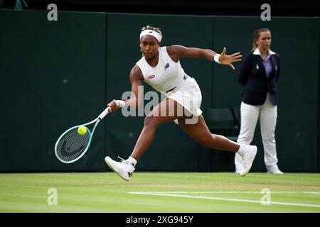 Wimbledon, London, UK. 07th July, 2024. Number 2 seed, Coco Gauff during her straight set loss to countrywoman Emma Navarro on Centre Court at Wimbledon today. Credit: Adam Stoltman/Alamy Live News Stock Photo