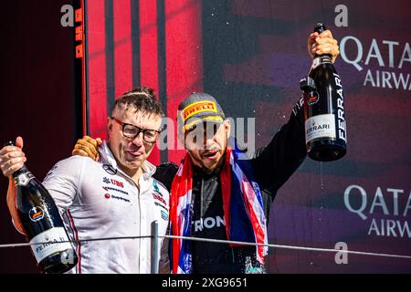 Silverstone, UK. 07th July, 2024. Podium of the Race on day 4, Sunday july 7, 2024 of the formula 1 qatar airways british grand prix 2024, scheduled to take place at the silverstone circuit from july 5 to july 7, 2024 Credit: Alessio De Marco/Alamy Live News Stock Photo