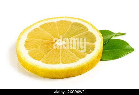 lemon slice with green leaves isolated on white background Stock Photo