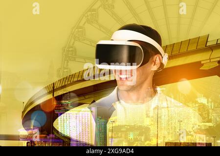 Developer using virtual reality headset in project. Modern technology. Double exposure of man and cityscape Stock Photo