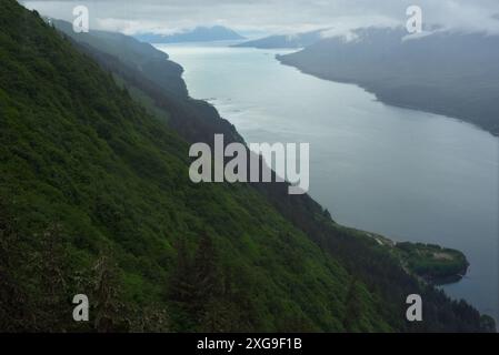 View of the Gastineau Channel south of Juneau, Alaska, from high above; aside from air travel, the channel provides Juneau's only access from the outs Stock Photo