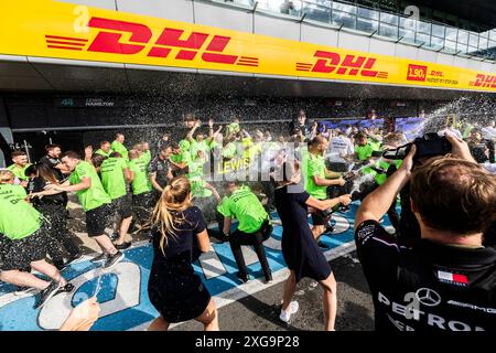 Silverstone, UK. 07th July, 2024. Mercedes-AMG Petronas F1 Team celebrating the victory o Lewis Hamilton (GBR) - Mercedes-AMG PETRONAS F1 Team - Mercedes W15 - Mercedes E Performance after the Race on day 4, Sunday july 7, 2024 of the formula 1 qatar airways british grand prix 2024, scheduled to take place at the silverstone circuit from July 5 to July 7, 2024. (Photo by Alessio De Marco/Sipa USA) Credit: Sipa USA/Alamy Live News Stock Photo