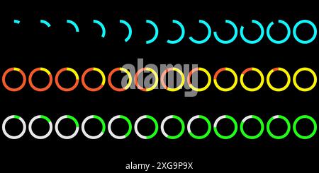 Colorful loading icons. Progress circle set. Various colors shown. Vector design. Stock Vector