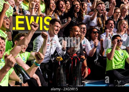 Silverstone, UK. 07th July, 2024. Mercedes-AMG Petronas F1 Team celebrating the victory o Lewis Hamilton (GBR) - Mercedes-AMG PETRONAS F1 Team - Mercedes W15 - Mercedes E Performance after the Race on day 4, Sunday july 7, 2024 of the formula 1 qatar airways british grand prix 2024, scheduled to take place at the silverstone circuit from July 5 to July 7, 2024. (Photo by Alessio De Marco/Sipa USA) Credit: Sipa USA/Alamy Live News Stock Photo