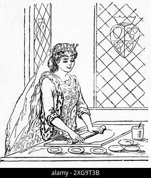 Engraving of the Queen of Hearts baking in her kitchen, circa 1880 Stock Photo