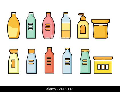 medical medicine bottle supplement, pills, icon set flat color outline isolated on white background Stock Vector