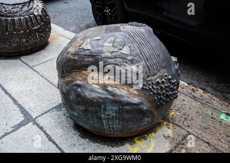 Indigenous contributions bronze sculpture on Peel Street in downtown Montreal, Quebec, Canada Stock Photo