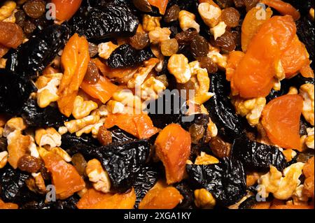 Close-up of a mixture of various dried fruits and nuts. Healthy food and snack Stock Photo