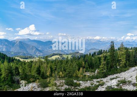 Overlooking the Puez-Geisler nature park mountains in the Dolomites seen from the Armentara meadows Stock Photo