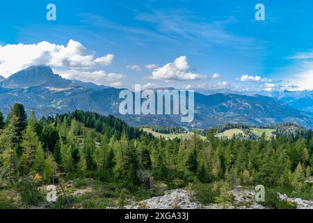 Overlooking the Puez-Geisler nature park mountains in the Dolomites seen from the Armentara meadows Stock Photo