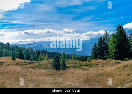 Overlooking the Puez-Geisler nature park mountains in the Dolomites seen from the Armentara meadows Stock Photo