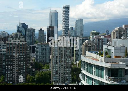 High-rise buildings and condos in the Yaletown district of downtown Vancouver, looking towards West Vancouver, British Columbia, Canada. Stock Photo
