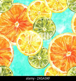 A seamless background pattern with vibrant hand drawn watercolour lemons, oranges, and limes, citrus repeat print on a teal texture Stock Photo