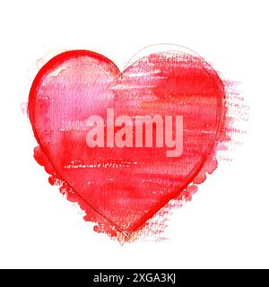 A watercolour drawing of a vibrant red heart, hand drawn on a white background Stock Photo