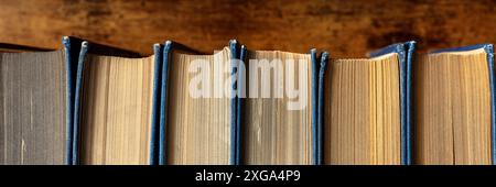 Old books on a shelf panorama. Classic literature in a second-hand bookshop. Reading novels concept, panoramic banner Stock Photo