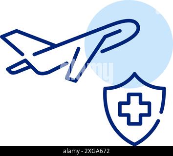 Commercial airplane flying and medical cross shield. Travel health insurance, health and safety in transit. Pixel perfect, editable stroke vector icon Stock Vector