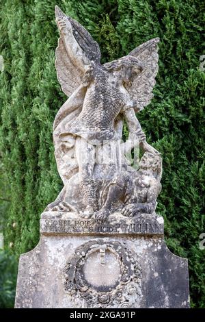 Saint Michael the archangel defeating the devil, cemetery, Santanyi, Mallorca, Balearic Islands, Spain Stock Photo