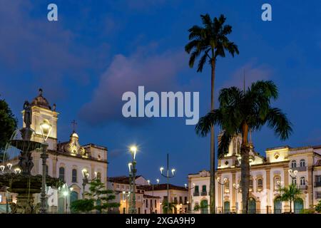 The central square of the historic Pelourinho district illuminated at night in the city of Salvador in Bahia Stock Photo