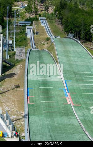 Planica Ski jumping hills in the summer. The Planica Nordic Centre. Julian Alps. Slovenia. Europe Stock Photo