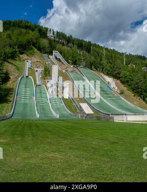 Planica Ski jumping hills in the summer. The Planica Nordic Centre. Julian Alps. Slovenia. Europe Stock Photo