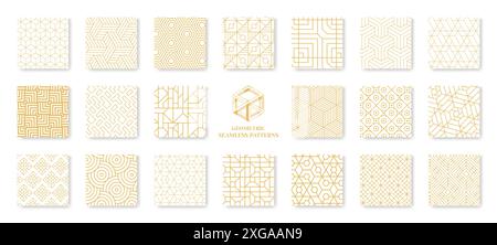 Line seamless pattern. Abstract hexagon texture. Vintage modern 3D design with simple retro squares. Decorative grids. Elegant geometric repeated print. Outline flat shapes. Vector backgrounds set Stock Vector