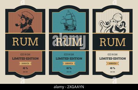 Rum label. Whiskey or gin bottle. Liquor drink tag. Retro old alcohol sign. Premium frame with ship captain. Sailors pub beverage badge. Caribbean quality. Vector classic design packaging stickers set Stock Vector