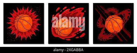 Basketball ball. Sport player logo. Speed meteor shot into basket hoop. Streetball game. Grunge college of street club Fireball fly. Burning orange sphere. Goal hit. Hot championship vector icons set Stock Vector